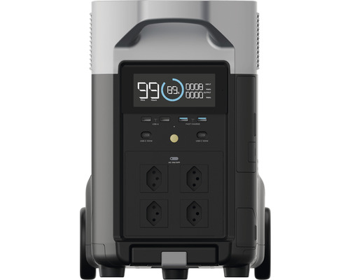 Tragbare Powerstation mit Displayanzeige für Eingangsleistung, Ausgangsleistung und Batteriestand