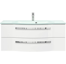 Meuble-lavabo blanc avec plateau en verre et deux tiroirs