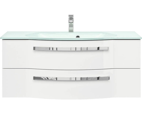 Weisser Waschtisch mit Glasplatte und zwei Schubladen