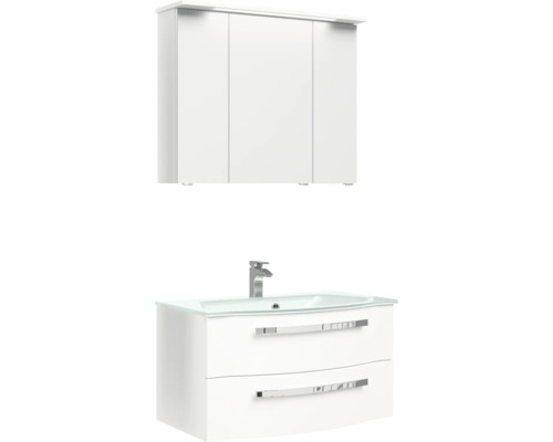 Weißer Waschtischunterschrank mit zwei Schubladen, Armatur und Spiegelschrank mit drei Türen