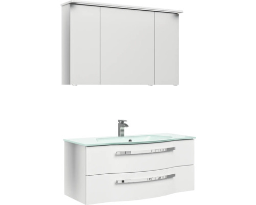 Meuble sous-lavabo blanc avec deux tiroirs, lavabo en verre et armoire suspendue pour la salle de bain