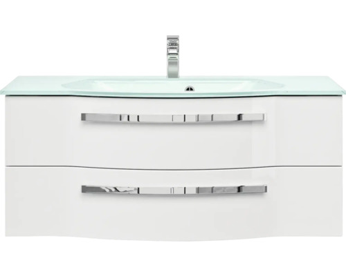 Meuble sous-vasque avec plateau en verre et deux tiroirs