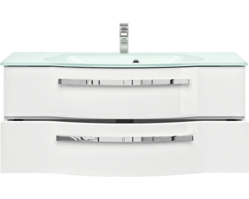 Meuble sous-vasque avec deux tiroirs, vasque à poser et robinet