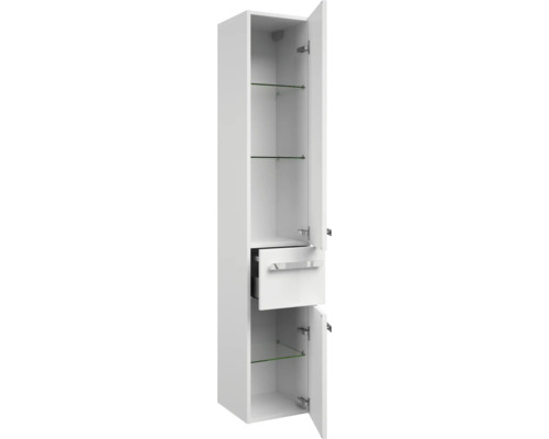 Weißer Bad-Hochschrank mit Schublade und Glasböden