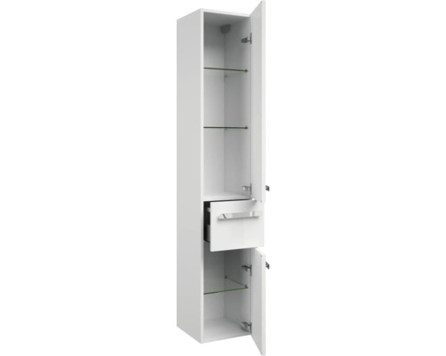 Weißer Bad-Hochschrank mit Schublade und offenen Türen, ausgestattet mit Glasböden.