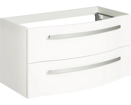 Weißer Waschtischunterschrank mit zwei Schubladen und Griffen aus Metall