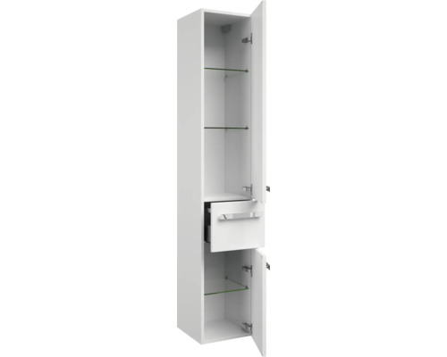 Armoire haute de salle de bains blanche avec compartiments, tiroir et porte.