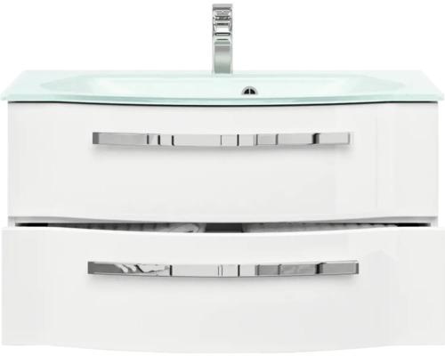 Meuble sous-vasque avec deux tiroirs, vasque en verre et robinet