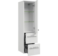 Armoire haute de salle de bain blanche avec deux tiroirs et des étagères