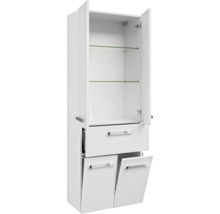 Armoire haute de salle de bains blanche avec étagères, tiroir et deux portes basculantes