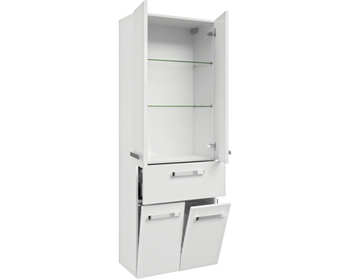 Armoire haute de salle de bains blanche avec étagères, tiroir et deux portes basculantes