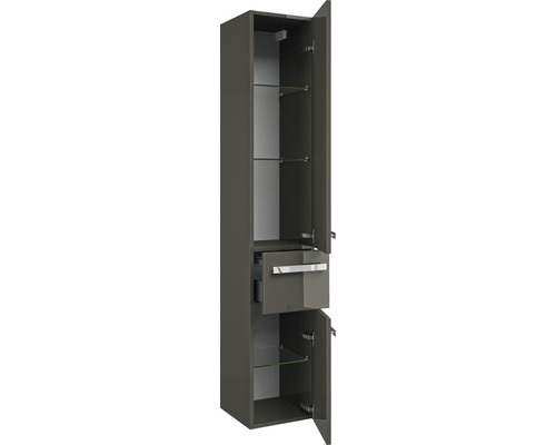 Hochschrank mit Schublade, offenen Türen und Glaseinlegeböden