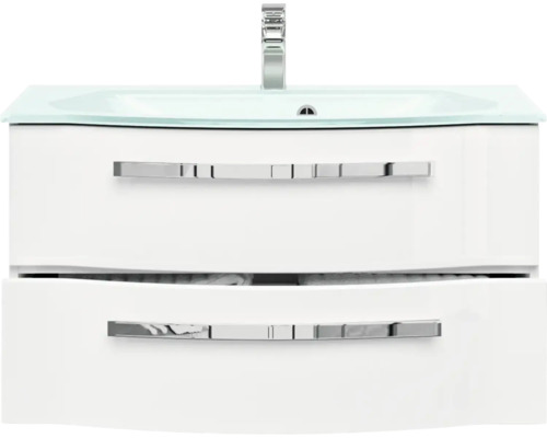 Meuble-lavabo avec deux tiroirs, lavabo en verre et robinetterie