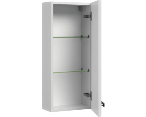 Weißer Spiegelschrank mit offenen Türen und Glasböden