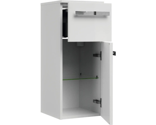 Offener Badezimmer-Hochschrank mit Tür und Glaseinlegeboden