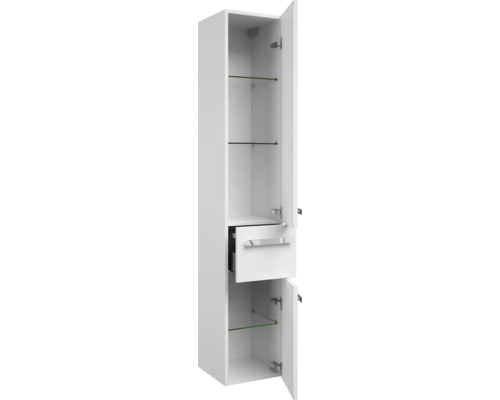 Weißer Hochschrank mit offenen Türen, Schublade und Glasböden für das Badezimmer