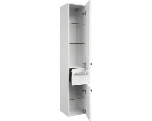 Weisser Bad-Hochschrank mit Regalböden aus Glas, Schublade und Türen.