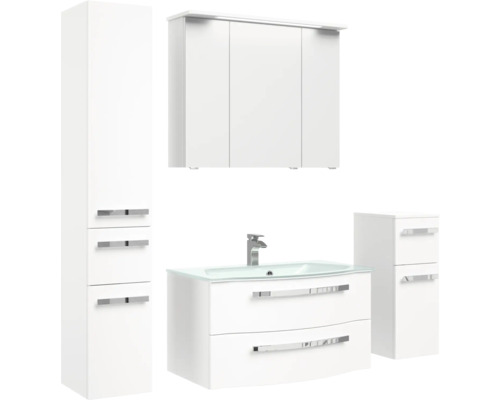 Weisses Badezimmermöbelset mit Waschtisch, Waschbecken, Spiegelschrank und Hochschrank