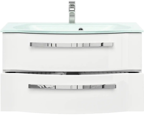 Weißer Waschtisch mit Glaswaschbecken und zwei Schubladen