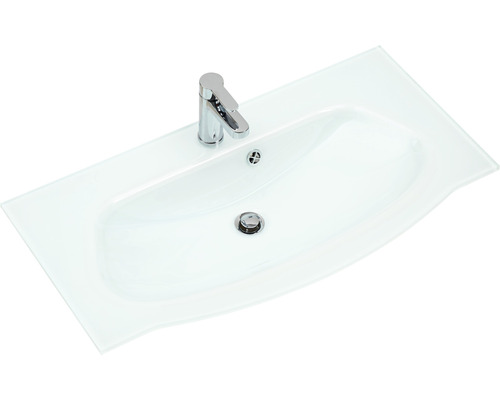 Waschtisch aus Glas mit Armatur und Ablaufgarnitur