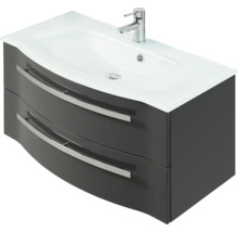 Meuble sous-lavabo avec deux tiroirs, plan de toilette en verre et robinet