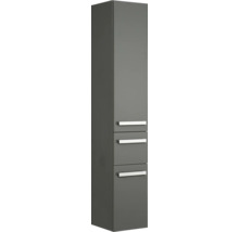 Armoire haute de salle de bain grise avec trois portes et poignées