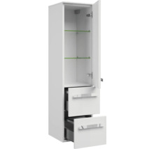 Armoire haute de salle de bains blanche avec porte, étagères en verre et tiroirs pour le rangement de la salle de bains.
