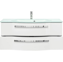 Meuble-lavabo avec deux tiroirs, plateau en verre et robinet