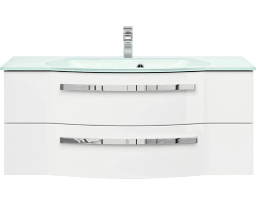 Waschtischunterschrank mit Glaswaschbecken und zwei Schubladen