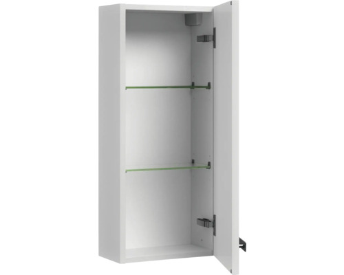 Armoire de salle de bain ouverte avec deux étagères en verre