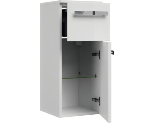 Armoire de salle de bain avec tiroir, porte et étagère en verre