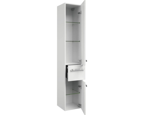 Armoire haute de salle de bain blanche avec portes ouvertes, tiroir et étagères en verre