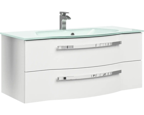 Meuble sous-vasque avec deux tiroirs, vasque en verre et robinet