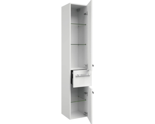 Armoire haute avec tiroir, ouverte, avec étagères en verre