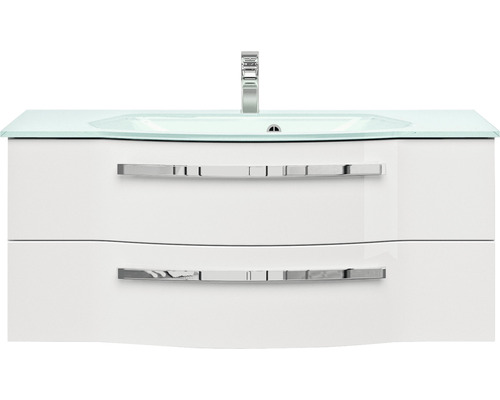 Meuble sous-vasque avec deux tiroirs, vasque en verre et robinet