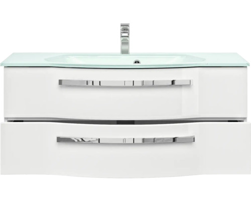 Meuble sous-vasque avec deux tiroirs et lavabo en verre