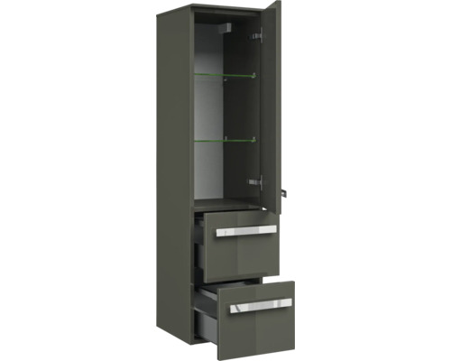 Armoire haute avec tiroirs et porte avec étagères en verre