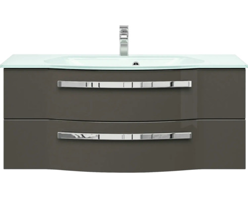 Meuble sous-vasque avec deux tiroirs, lavabo en verre et robinetterie