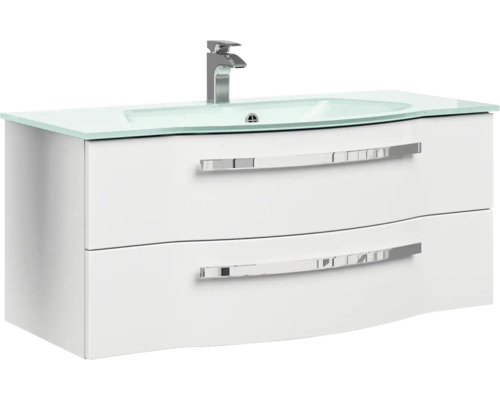 Weißer Waschtischunterschrank mit zwei Schubladen, Glaswaschtisch und Armatur
