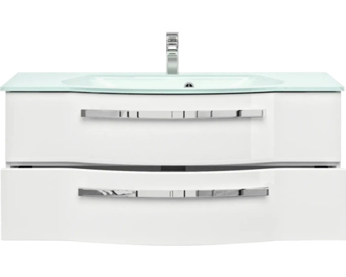 Weisser Waschtischunterschrank mit zwei Schubladen, Glaswaschbecken und Armatur