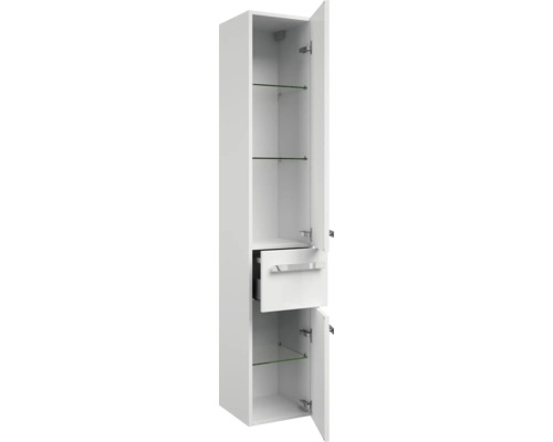 Weißer Badezimmer-Hochschrank mit Schublade und Glaseinlegeböden