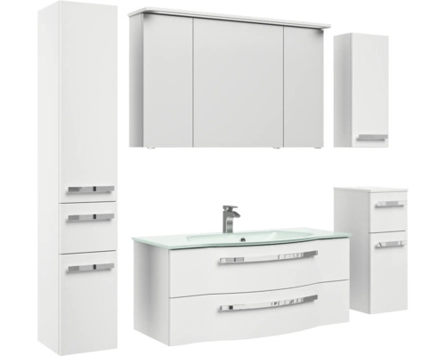 Badezimmerset mit Waschbecken, Spiegelschrank, Hochschrank und Unterschrank