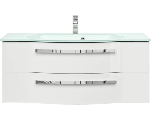 Waschtischunterschrank mit Waschbecken aus Glas und zwei Schubladen