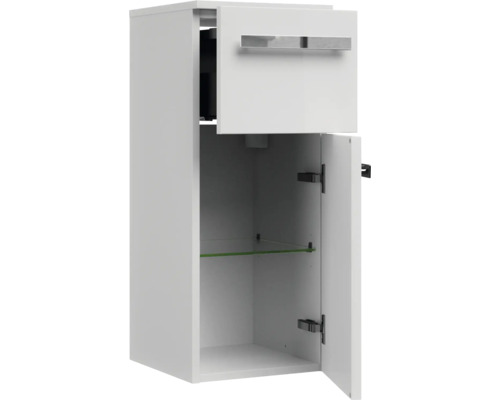 Meuble haut blanc avec porte, tiroir et étagère en verre