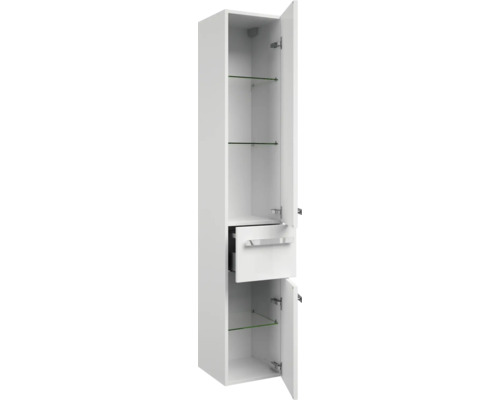 Armoire haute de salle de bains blanche avec tiroir et portes ouvertes