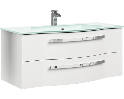 Meuble sous-lavabo avec deux tiroirs, vasque en verre et robinet