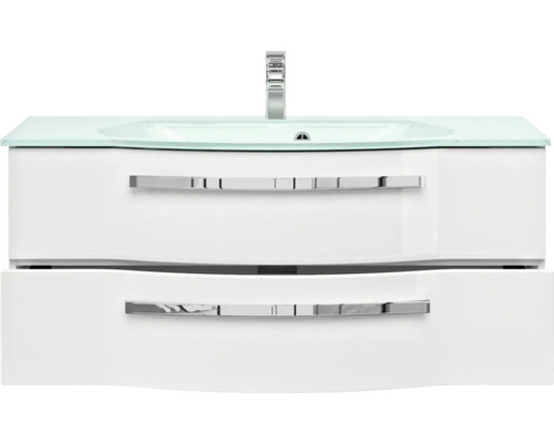 Meuble sous-lavabo avec deux tiroirs et lavabo en verre