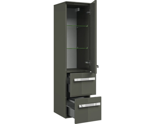 Armoire haute avec deux tiroirs, une porte et deux étagères en verre pour salle de bains