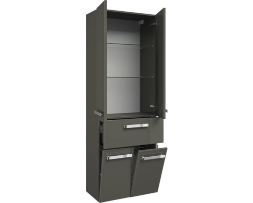 Hochschrank mit offenen Türen, Schublade und Glaseinlegeböden für Badezimmer