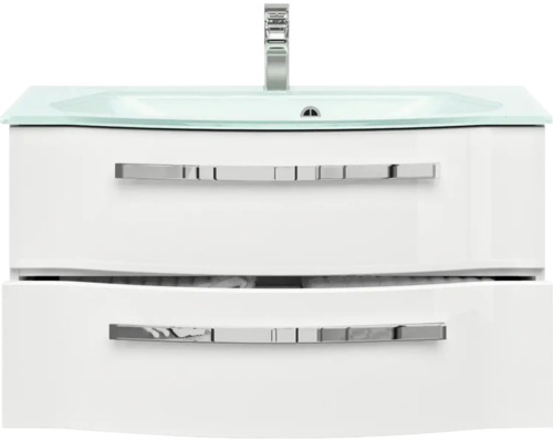 Meuble sous-vasque avec deux tiroirs, vasque à poser et robinet